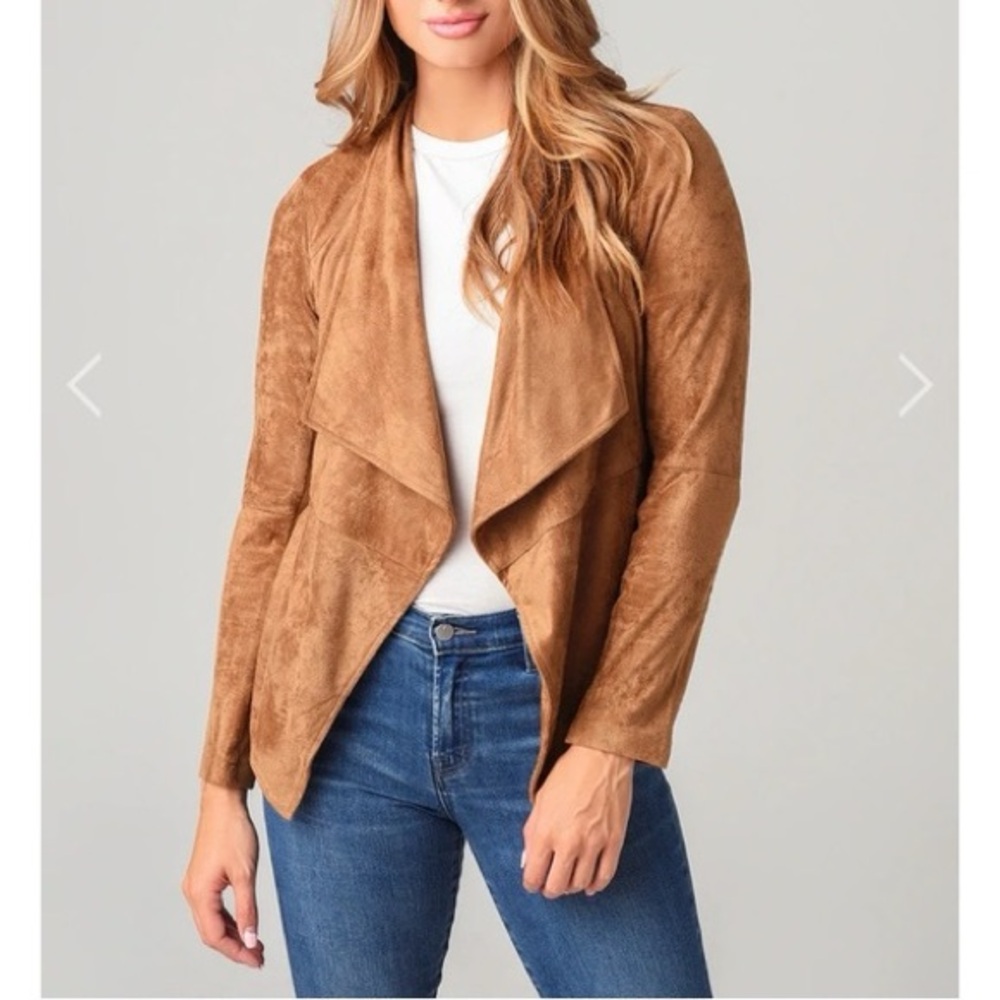 BB Dakota Camel Brown Faux Suede Open Front Waterfall Cardigan Blazer Pockets XS